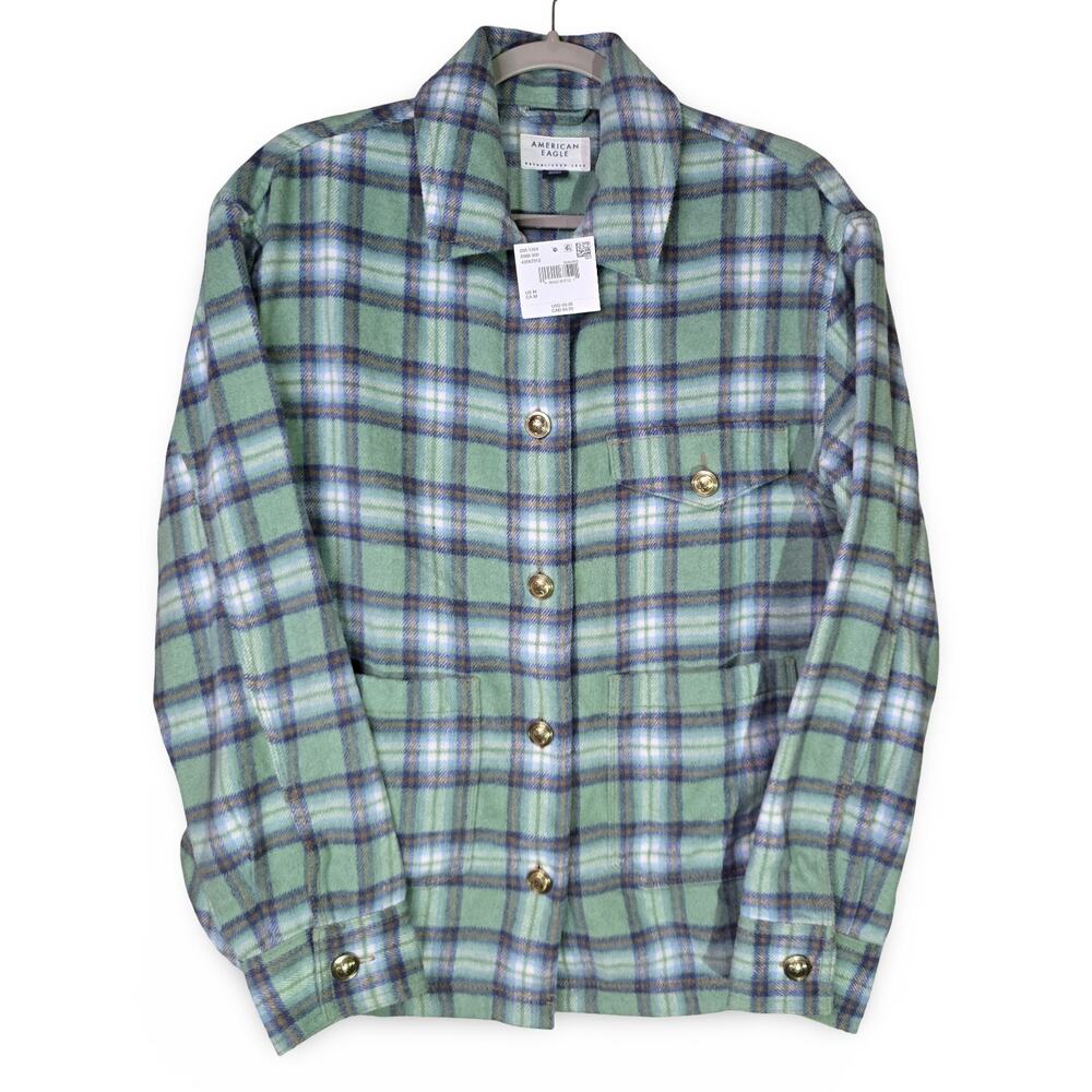 American Eagle Plaid Flannel Shacket Women’s Medium Green & Blue Button Up NWT